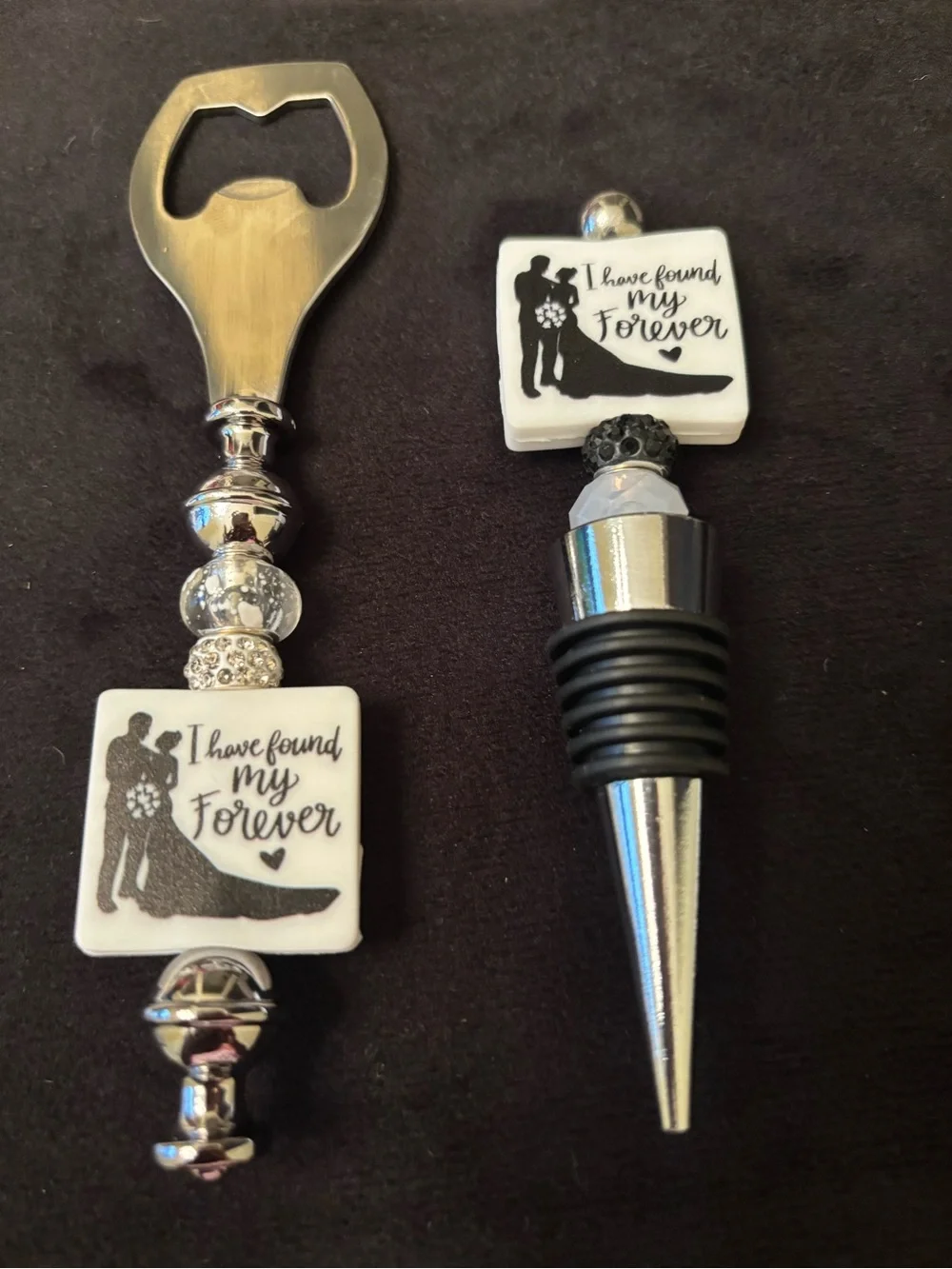 Wedding Bottle Stopper and Opener Set - White 'I Have Found My Forever'